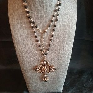 Black and Gold Long Chain Cross Necklace
